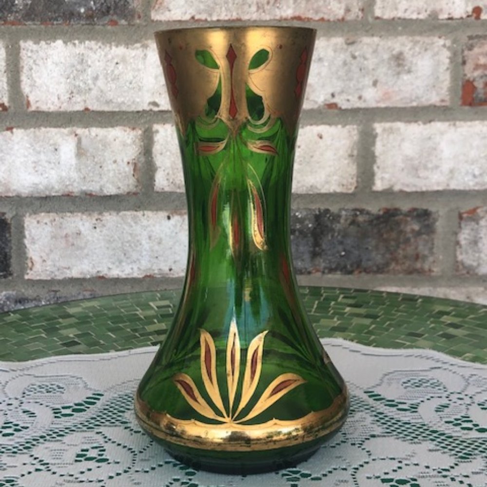 VINTAGE GREEN GLASS GILT VASE HAND PAINTED
